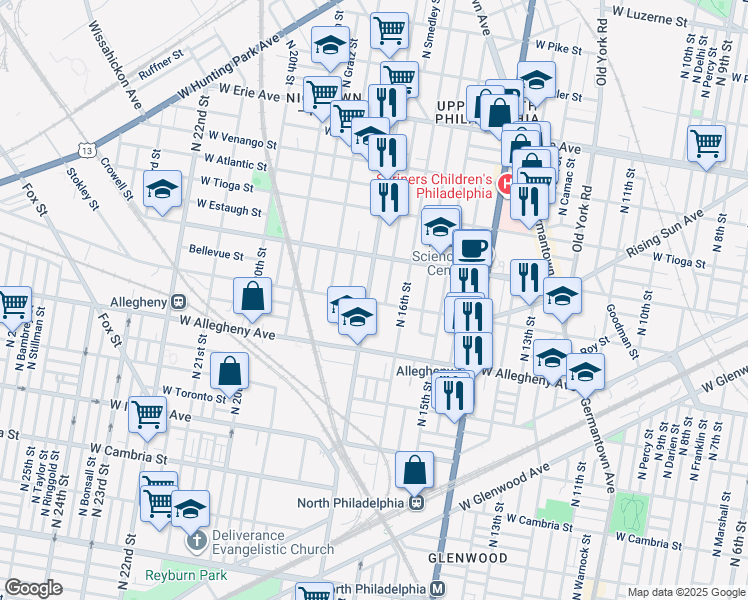 map of restaurants, bars, coffee shops, grocery stores, and more near 3301 North 17th Street in Philadelphia