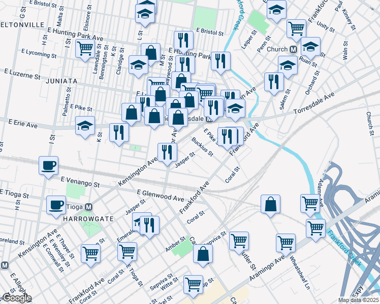 map of restaurants, bars, coffee shops, grocery stores, and more near 3801 Jasper Street in Philadelphia