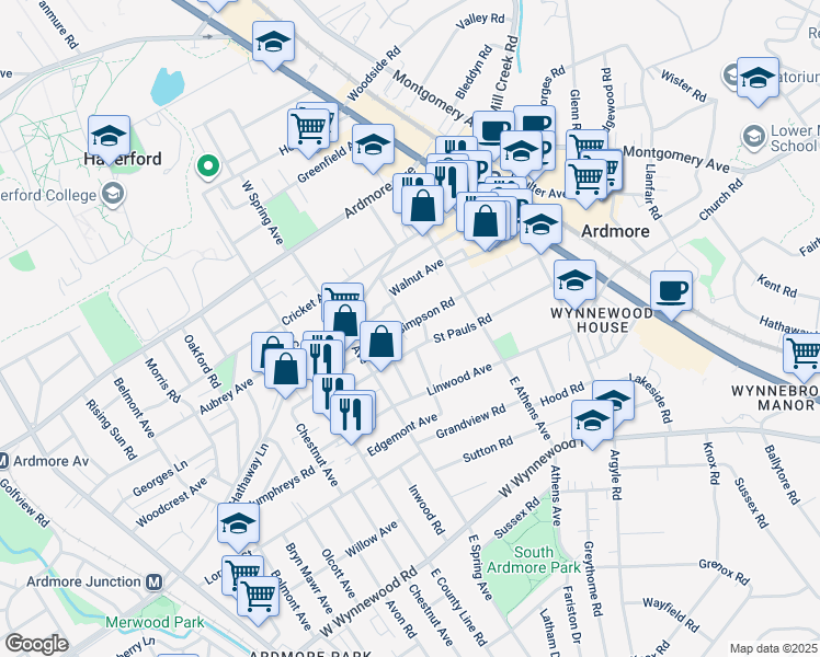 map of restaurants, bars, coffee shops, grocery stores, and more near 135 Simpson Road in Ardmore