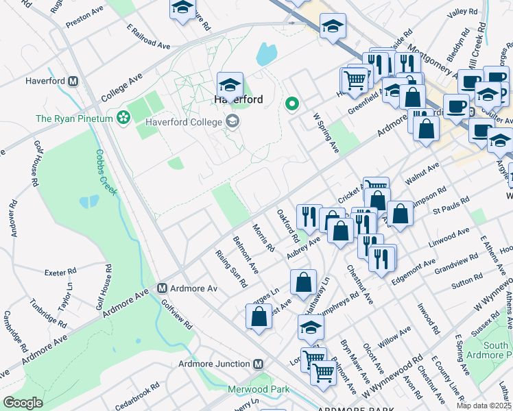 map of restaurants, bars, coffee shops, grocery stores, and more near 723 Ardmore Avenue in Ardmore