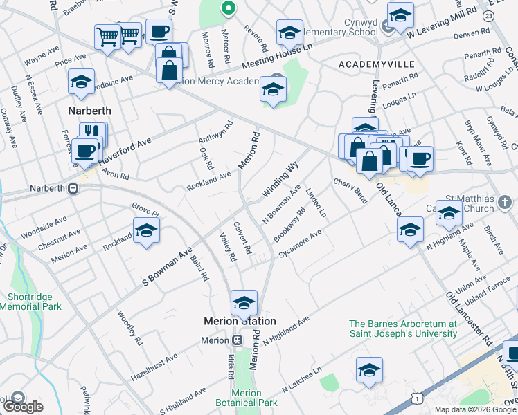 map of restaurants, bars, coffee shops, grocery stores, and more near 377 Merion Road in Merion Station
