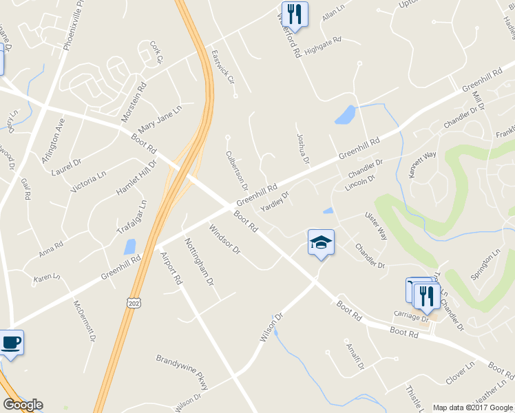 map of restaurants, bars, coffee shops, grocery stores, and more near 1714 Yardley Drive in West Chester