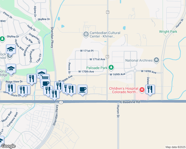map of restaurants, bars, coffee shops, grocery stores, and more near 1209 West 169th Avenue in Broomfield