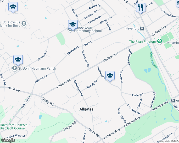 map of restaurants, bars, coffee shops, grocery stores, and more near 433 College Avenue in Haverford