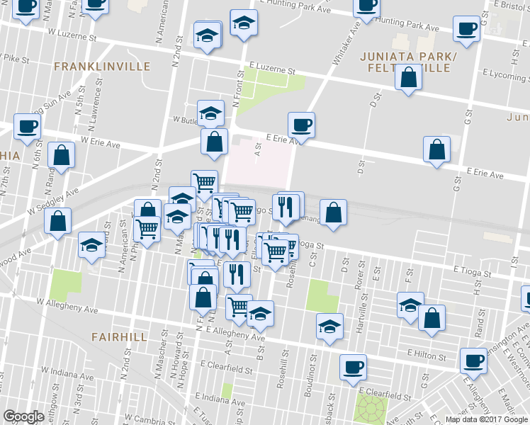 map of restaurants, bars, coffee shops, grocery stores, and more near 3551 Ella Street in Philadelphia