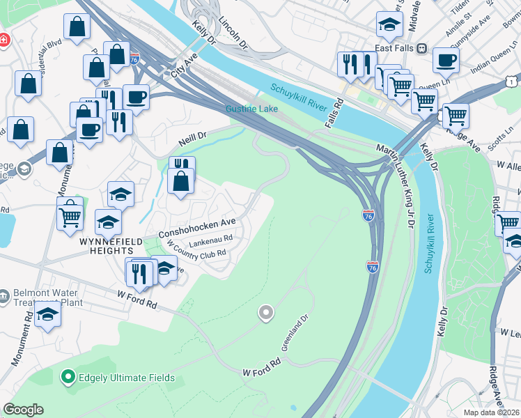 map of restaurants, bars, coffee shops, grocery stores, and more near 2765 East Country Club Road in Philadelphia