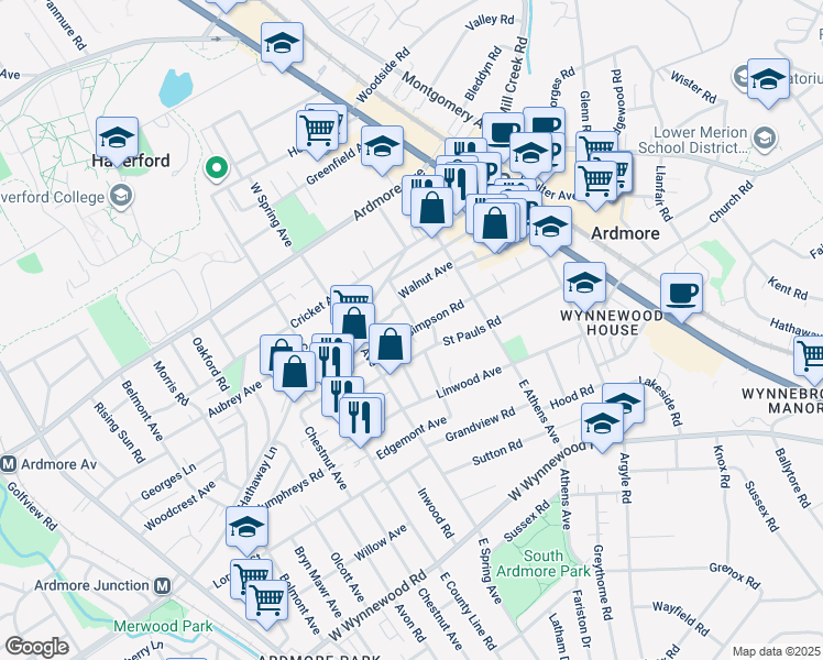 map of restaurants, bars, coffee shops, grocery stores, and more near 102 Brookfield Terrace in Ardmore