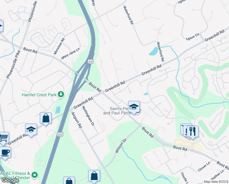 map of restaurants, bars, coffee shops, grocery stores, and more near 1714 Yardley Drive in West Chester