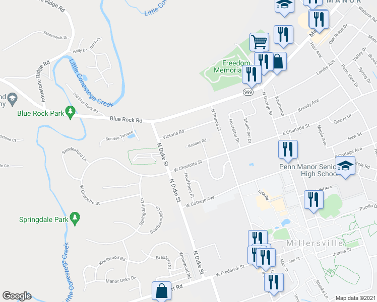 map of restaurants, bars, coffee shops, grocery stores, and more near 58 Kendes Road in Millersville