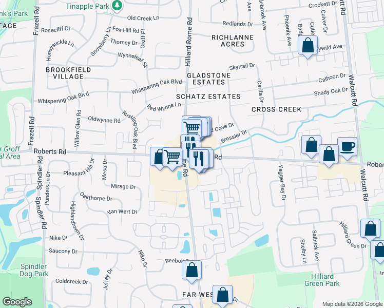 map of restaurants, bars, coffee shops, grocery stores, and more near 2576 Hilliard Rome Road in Hilliard