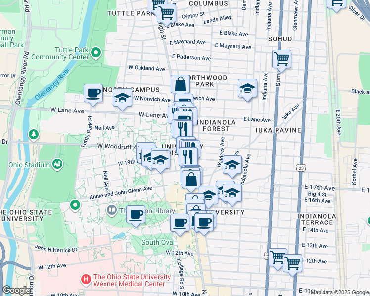 map of restaurants, bars, coffee shops, grocery stores, and more near 2040 North High Street in Columbus