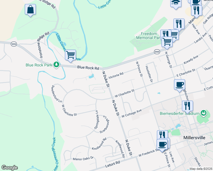 map of restaurants, bars, coffee shops, grocery stores, and more near 320 College Manor Avenue in Millersville