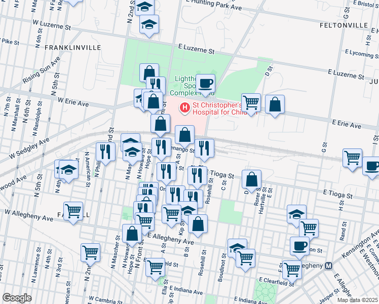 map of restaurants, bars, coffee shops, grocery stores, and more near 3551 Ella Street in Philadelphia