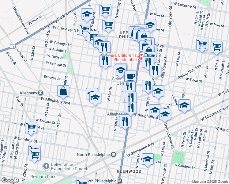 map of restaurants, bars, coffee shops, grocery stores, and more near 3312 North Sydenham Street in Philadelphia