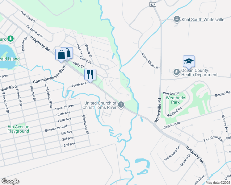 map of restaurants, bars, coffee shops, grocery stores, and more near 10 C Walnut Street in Toms River
