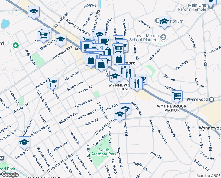 map of restaurants, bars, coffee shops, grocery stores, and more near 30 Linwood Avenue in Ardmore