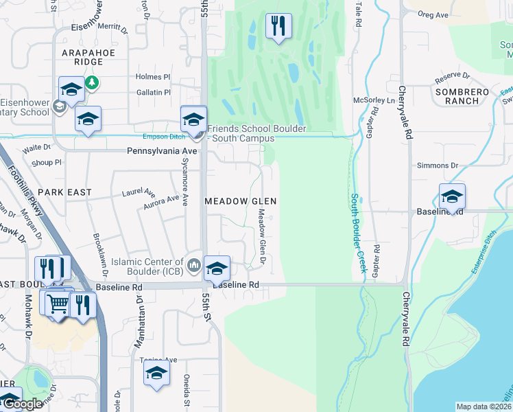 map of restaurants, bars, coffee shops, grocery stores, and more near 885 Meadow Glen Drive in Boulder