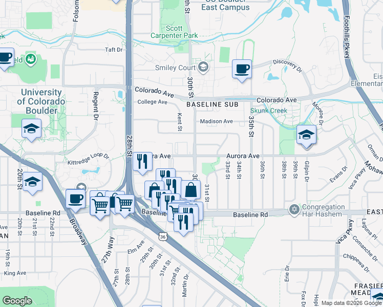 map of restaurants, bars, coffee shops, grocery stores, and more near 2990 Aurora Avenue in Boulder