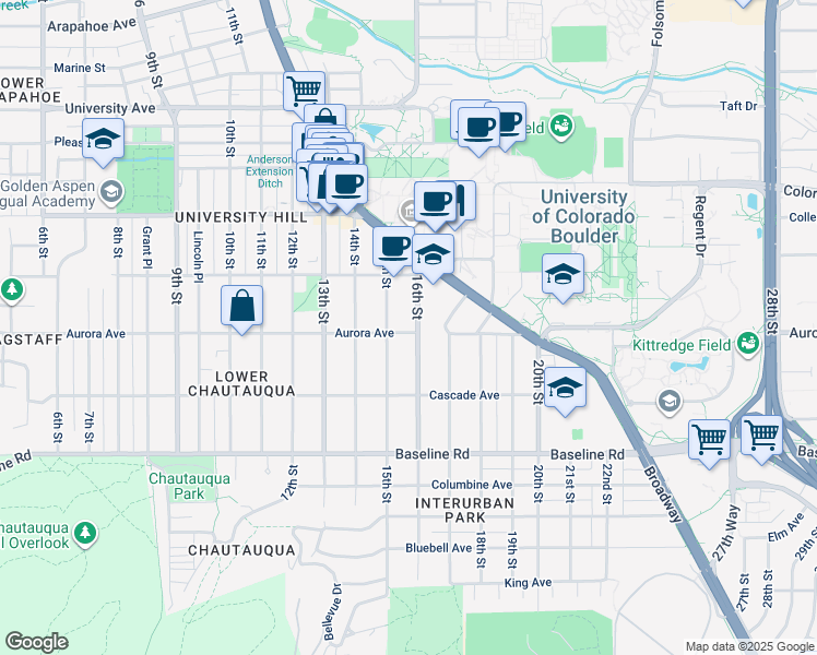 map of restaurants, bars, coffee shops, grocery stores, and more near 891 16th Street in Boulder