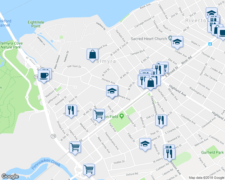 map of restaurants, bars, coffee shops, grocery stores, and more near 412 Delaware Avenue in Palmyra