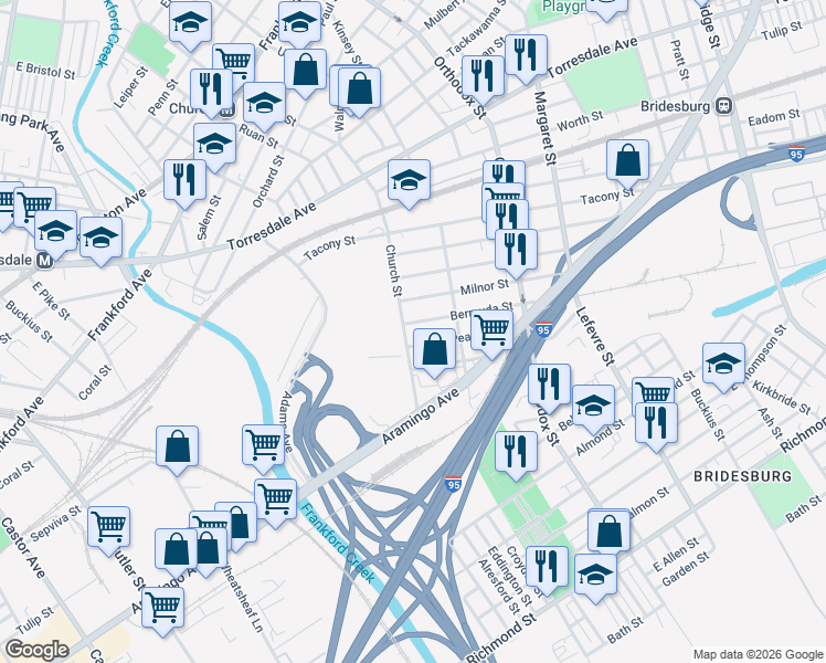 map of restaurants, bars, coffee shops, grocery stores, and more near 4151 Bermuda Street in Philadelphia