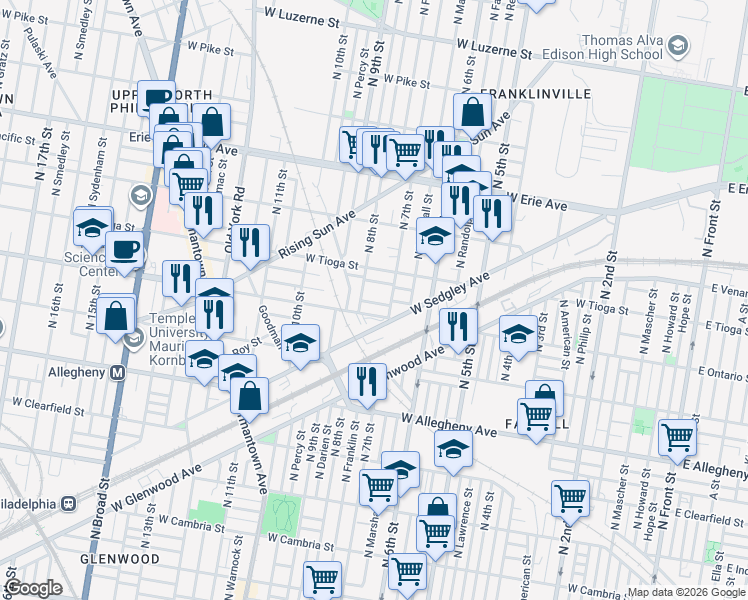 map of restaurants, bars, coffee shops, grocery stores, and more near in Philadelphia