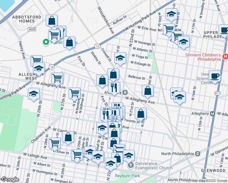 map of restaurants, bars, coffee shops, grocery stores, and more near 2233 West Allegheny Avenue in Philadelphia