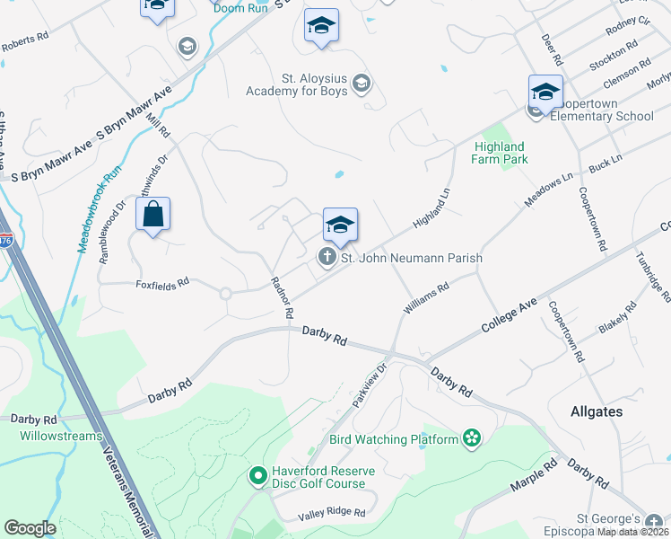map of restaurants, bars, coffee shops, grocery stores, and more near 337 Highland Lane in Bryn Mawr