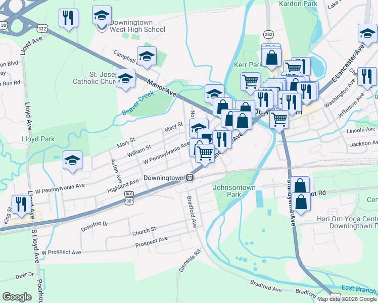 map of restaurants, bars, coffee shops, grocery stores, and more near 106 Stuart Avenue in Downingtown