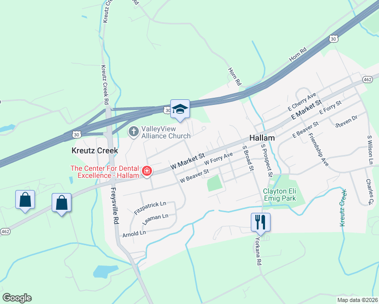 map of restaurants, bars, coffee shops, grocery stores, and more near 363 West Market Street in Hallam