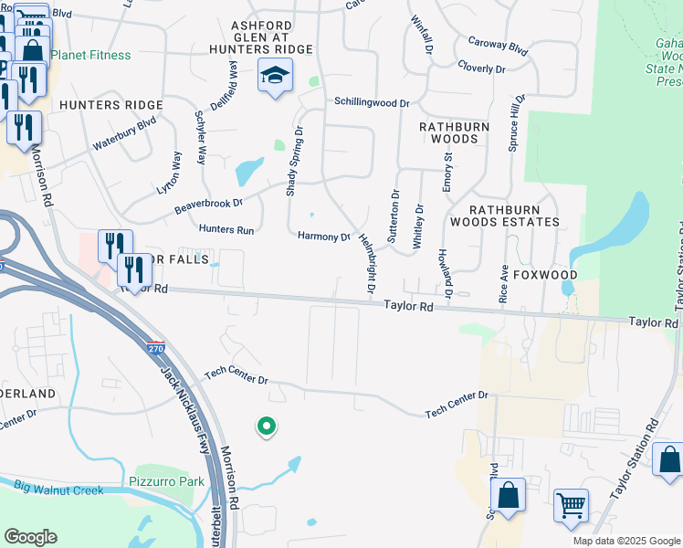 map of restaurants, bars, coffee shops, grocery stores, and more near 886 Taylor Road in Columbus