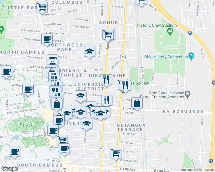 map of restaurants, bars, coffee shops, grocery stores, and more near 1975 Summit Street in Columbus