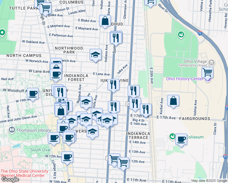 map of restaurants, bars, coffee shops, grocery stores, and more near 1975 Summit Street in Columbus