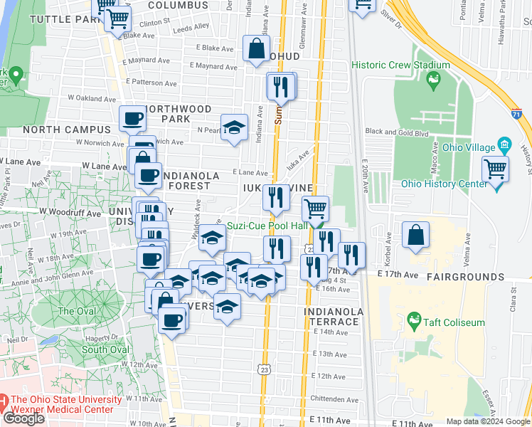 map of restaurants, bars, coffee shops, grocery stores, and more near 1975 Summit Street in Columbus