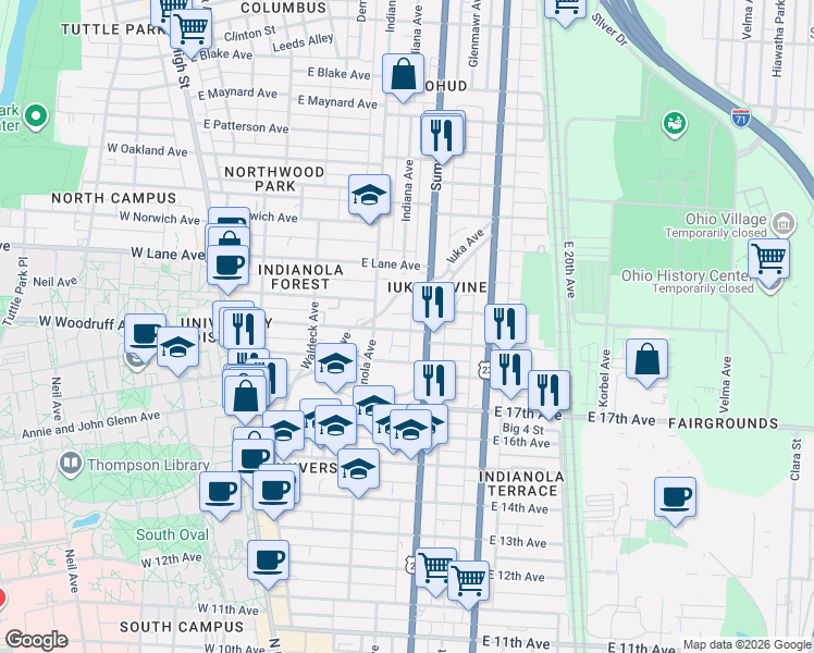 map of restaurants, bars, coffee shops, grocery stores, and more near 1975 Summit Street in Columbus
