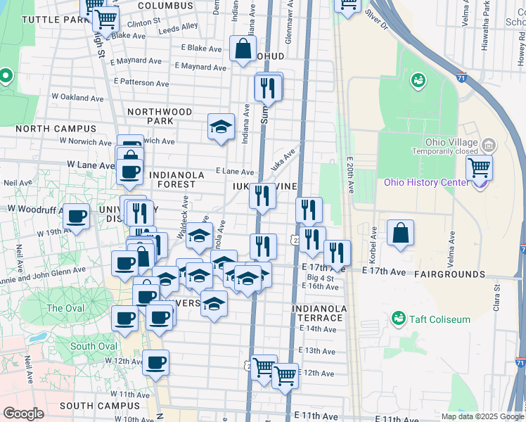 map of restaurants, bars, coffee shops, grocery stores, and more near 1975 Summit Street in Columbus