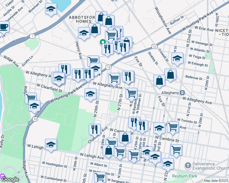 map of restaurants, bars, coffee shops, grocery stores, and more near Pennock Street in Philadelphia
