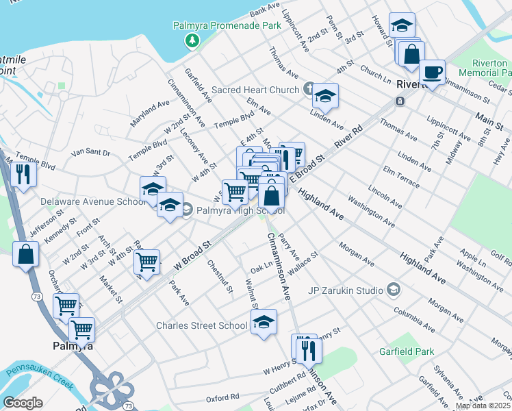 map of restaurants, bars, coffee shops, grocery stores, and more near 15 West Broad Street in Palmyra