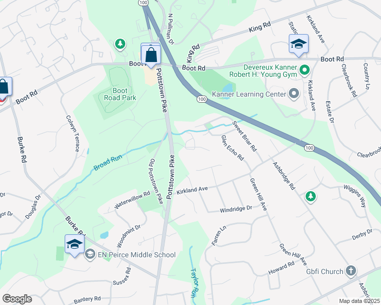 map of restaurants, bars, coffee shops, grocery stores, and more near 5 Hollow Run Lane in West Chester