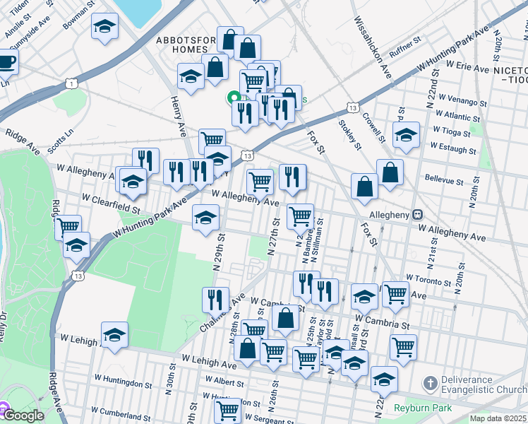 map of restaurants, bars, coffee shops, grocery stores, and more near 3151 Pennock Street in Philadelphia