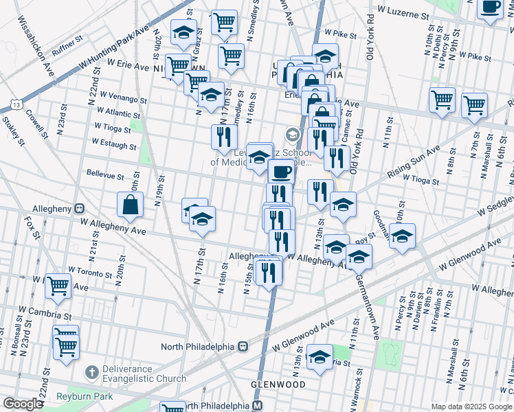 map of restaurants, bars, coffee shops, grocery stores, and more near 3314 North 15th Street in Philadelphia