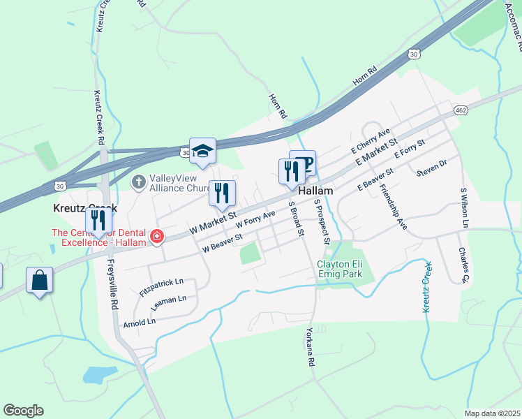 map of restaurants, bars, coffee shops, grocery stores, and more near 214 West Market Street in York