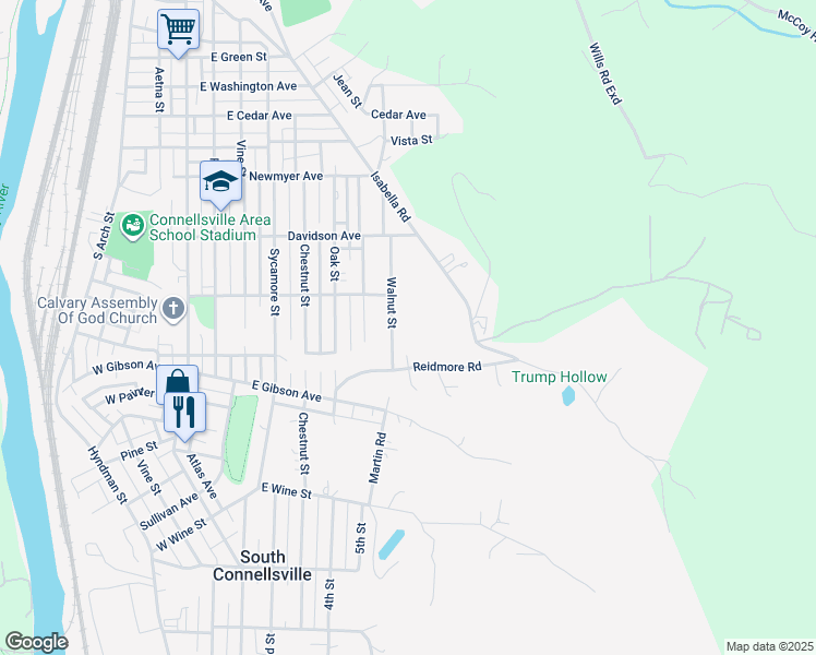 map of restaurants, bars, coffee shops, grocery stores, and more near 438 Reidmore Road in South Connellsville