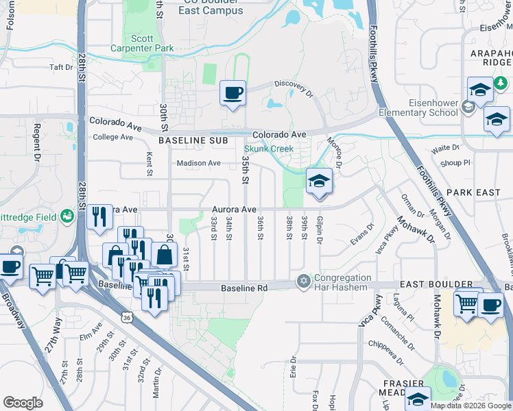 map of restaurants, bars, coffee shops, grocery stores, and more near 905 36th Street in Boulder