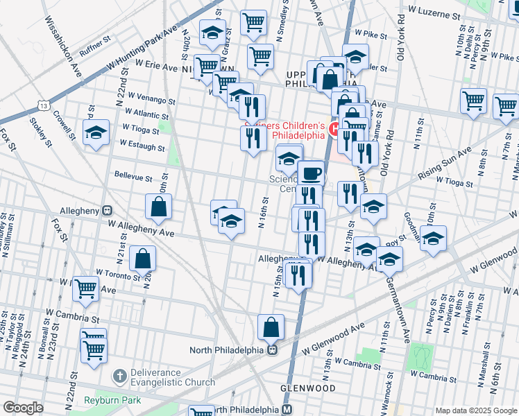 map of restaurants, bars, coffee shops, grocery stores, and more near 3308 North 16th Street in Philadelphia