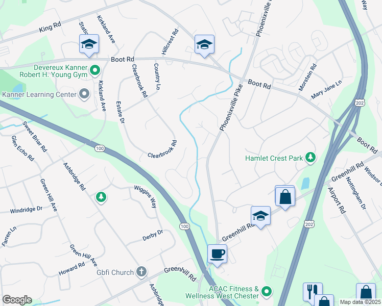 map of restaurants, bars, coffee shops, grocery stores, and more near 1218 Rockwood Drive in West Chester