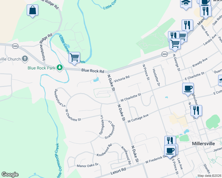 map of restaurants, bars, coffee shops, grocery stores, and more near 320 College Manor Avenue in Millersville