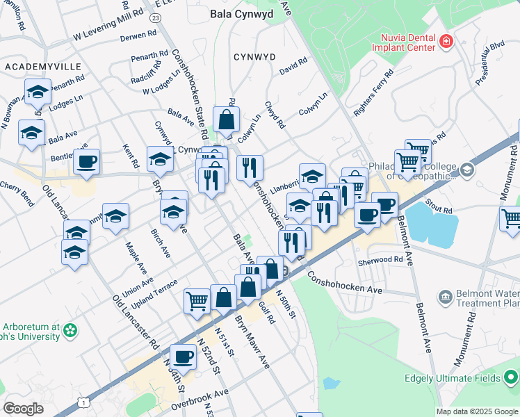 map of restaurants, bars, coffee shops, grocery stores, and more near 42 Conshohocken State Road in Bala Cynwyd