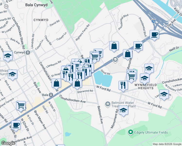 map of restaurants, bars, coffee shops, grocery stores, and more near 195 City Ave in Montgomery