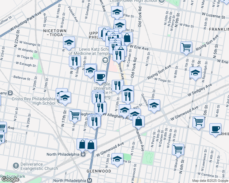 map of restaurants, bars, coffee shops, grocery stores, and more near 3333 North Park Avenue in Philadelphia